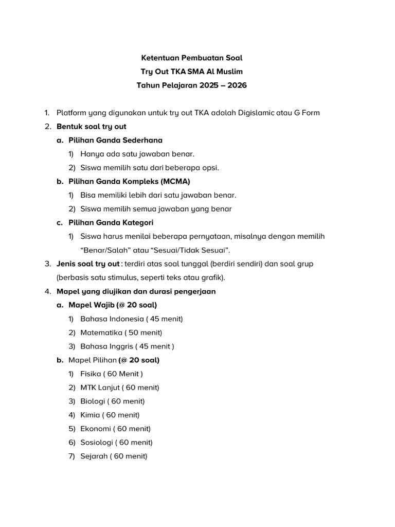 Ketentuan Pembuatan Soal Try Out TKA | PDF