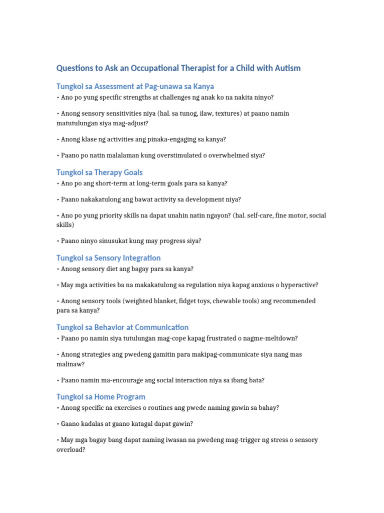 Questions For OT Autism | PDF