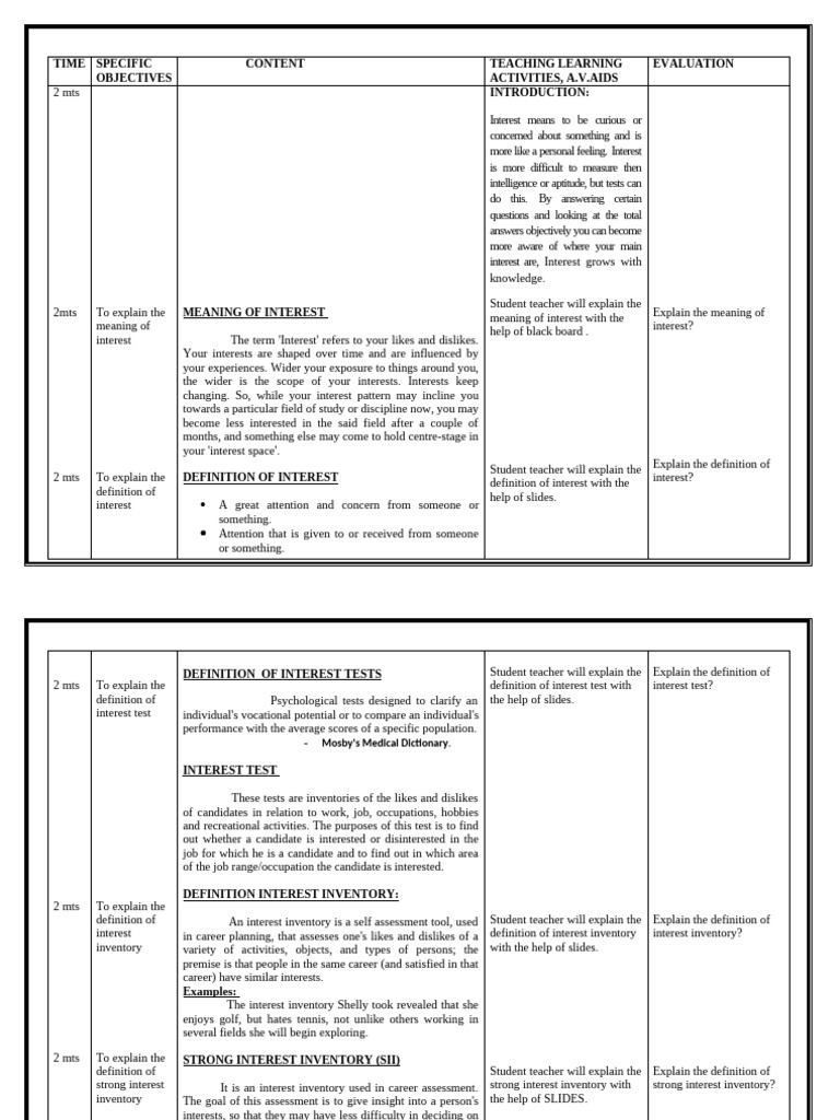 Interest Test Lesson Plan | PDF | Cognition | Psychology