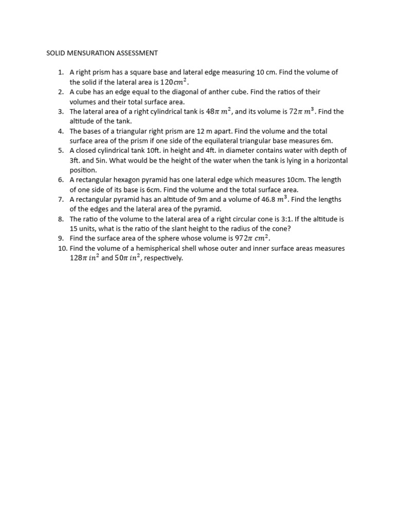 Solid Mensuration Problem Set | PDF