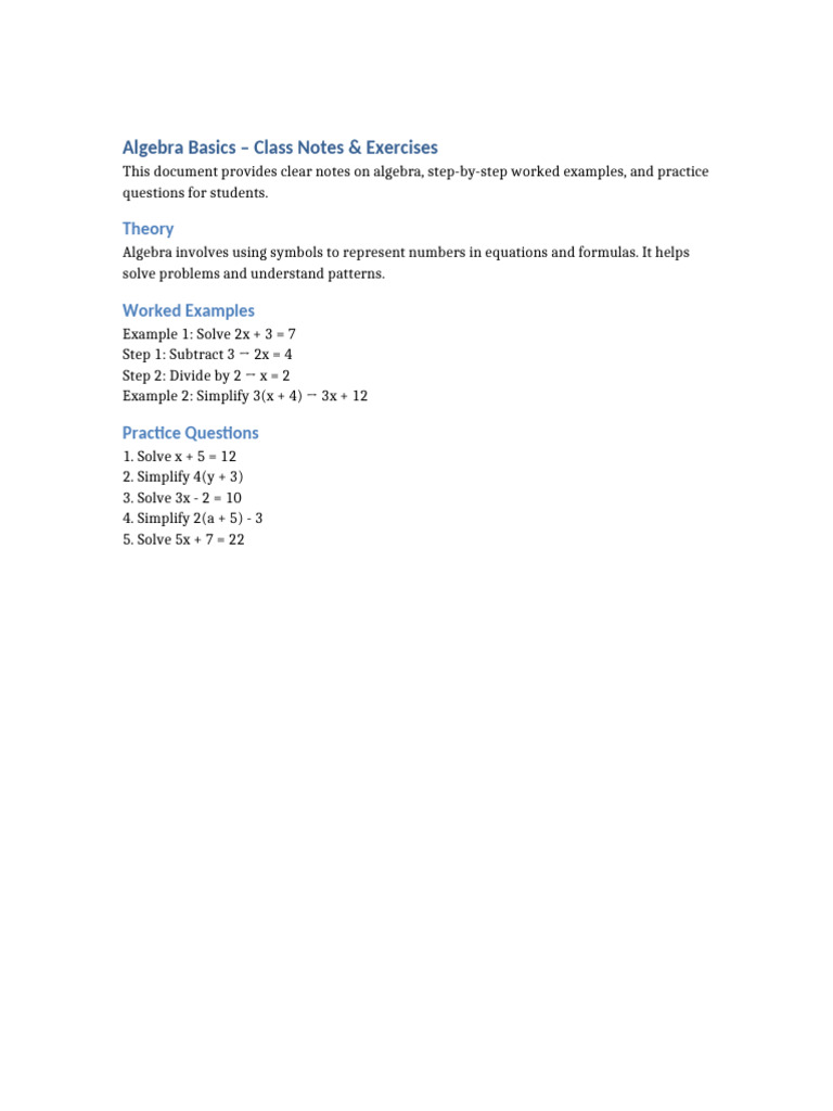 Algebra Basics: Notes & Exercises | PDF