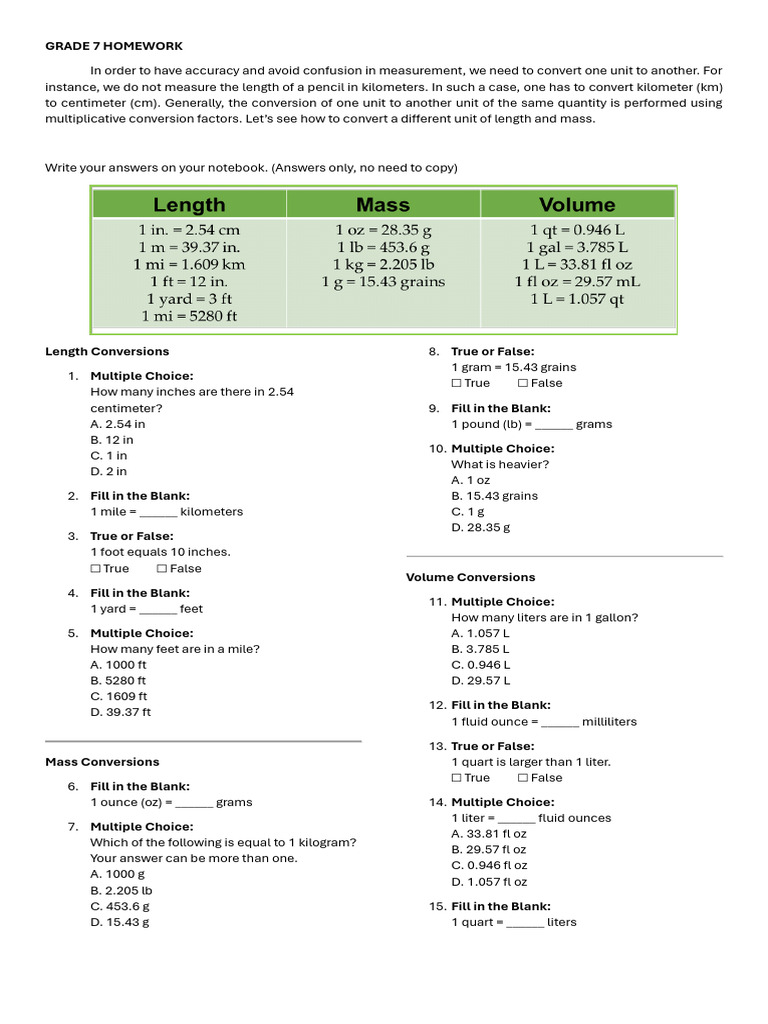 Grade 7 Homework Measurement | PDF | Ounce | Pound (Mass)