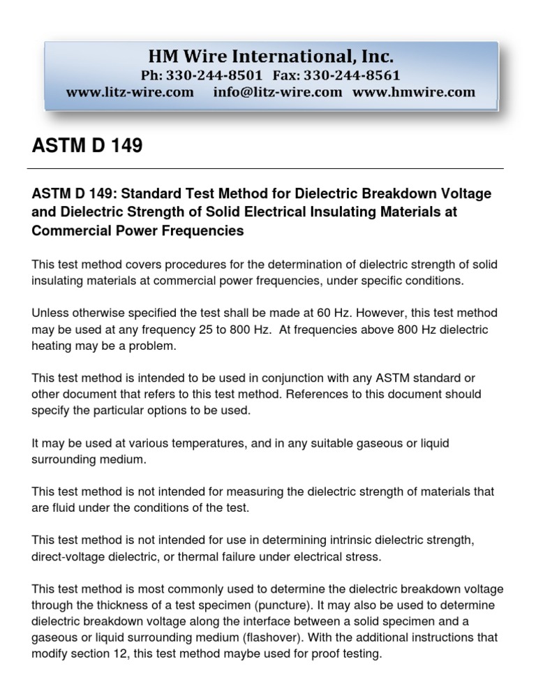ASTM D 149 Standard Test Method Dielectric Breakdown Voltage