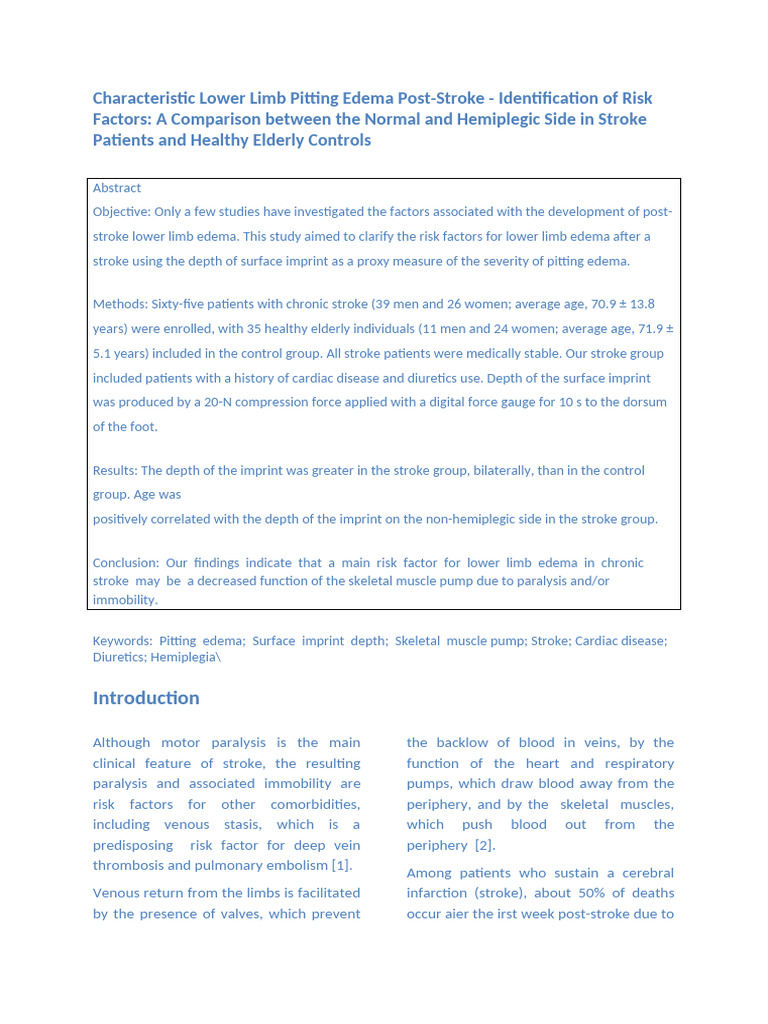Lower Limb Edema Risk Factors Post-Stroke | PDF | Edema | Vein