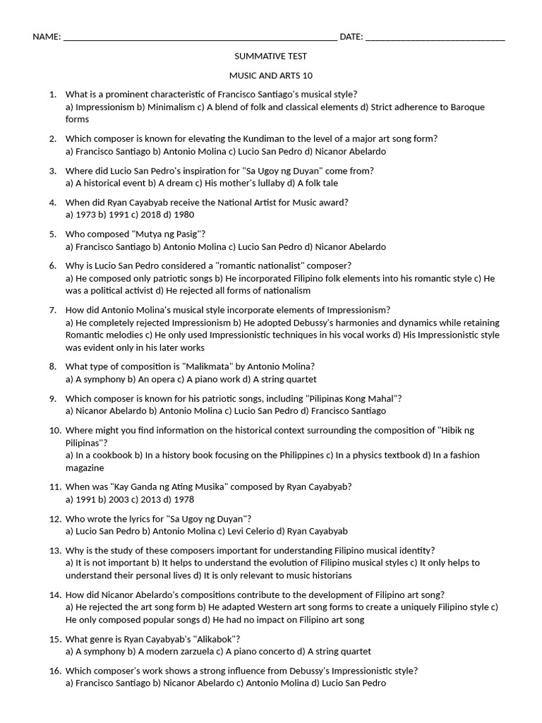 Filipino Music and Arts Summative Test | PDF | Photograph | Composition ...