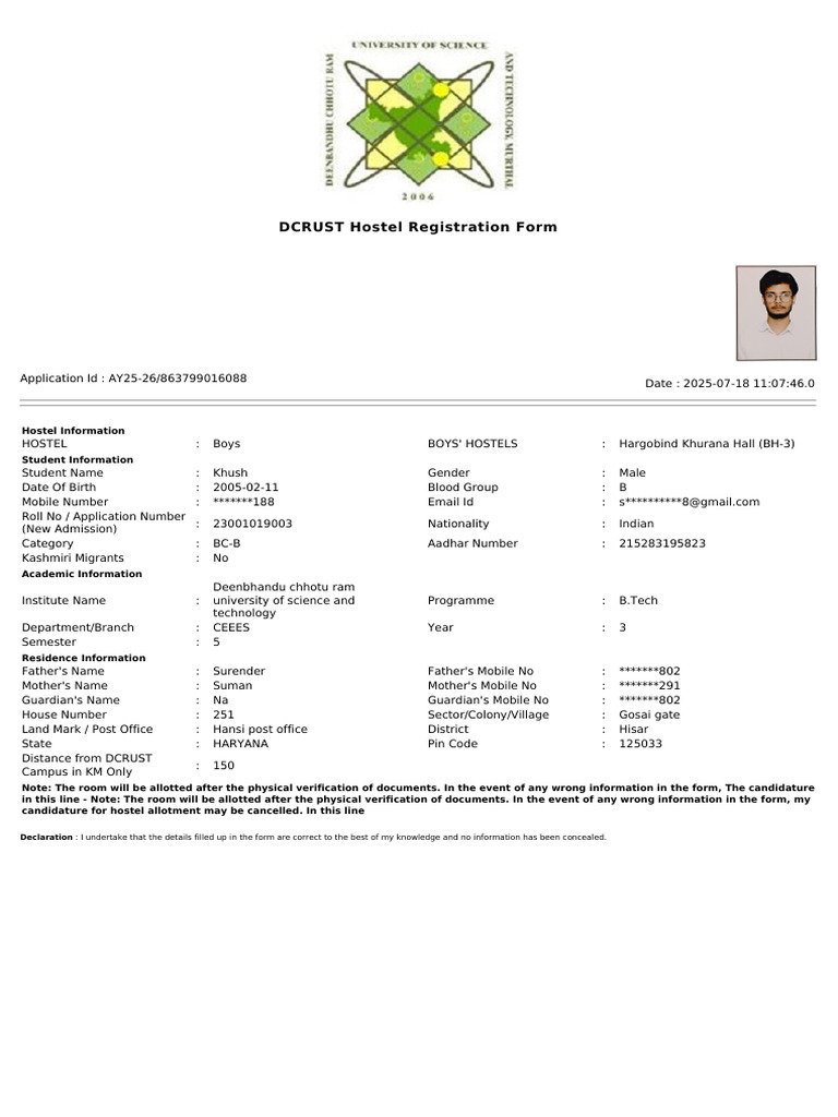 DCRUST Boys Hostel Registration Form | PDF | Access Control ...