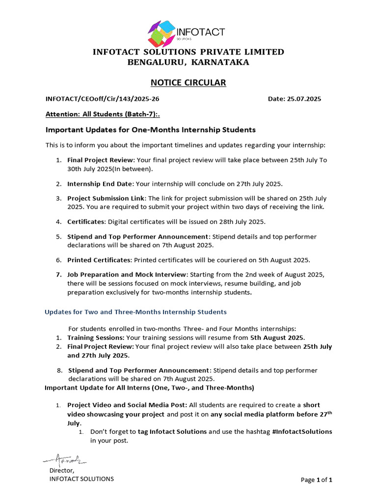 Internship Updates for Batch-7 Students | PDF