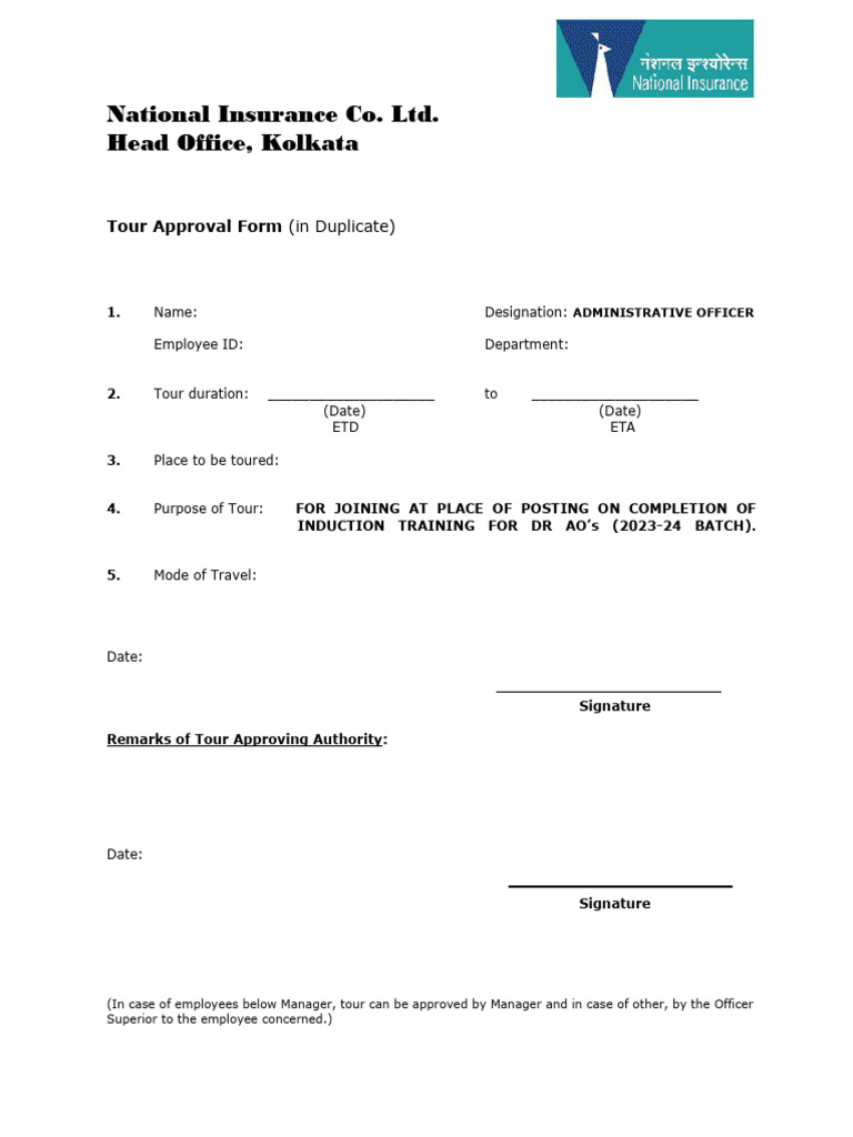 Tour Approval Form for Coal India Employees | PDF