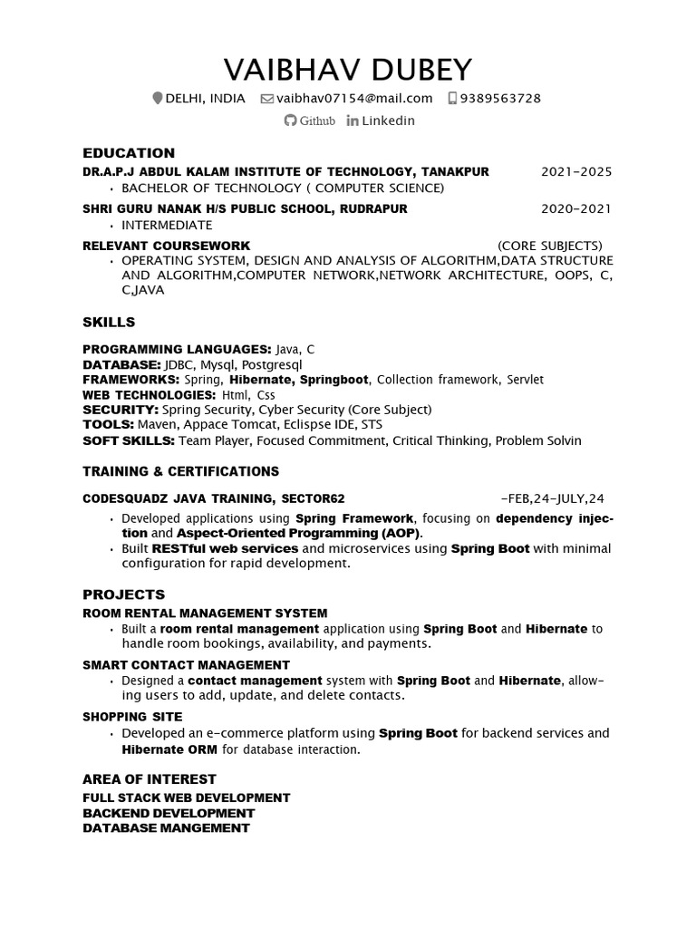 Vaibhav Dubey: Full Stack Developer CV | PDF