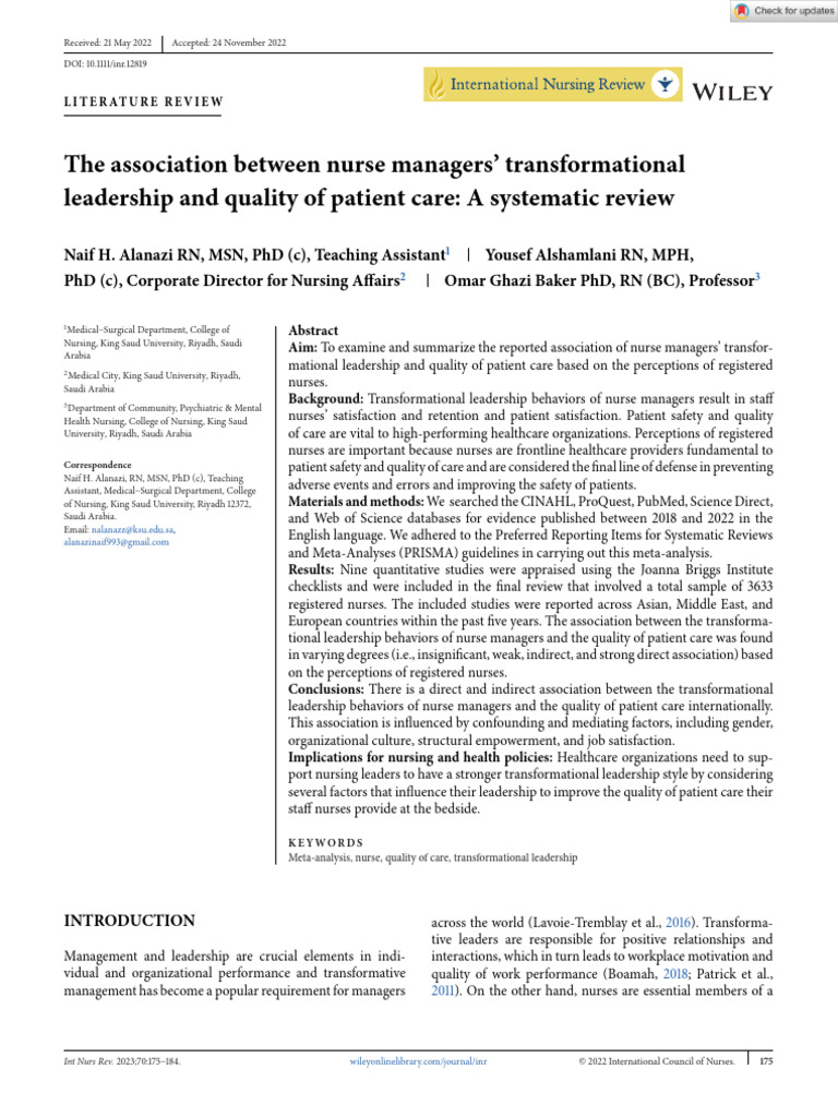 Transformational Leadership in Nursing Care | PDF | Meta Analysis ...