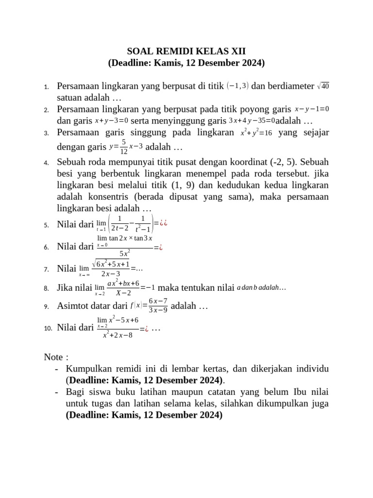 Soal Remidi Matematika Kelas XI & XII | PDF