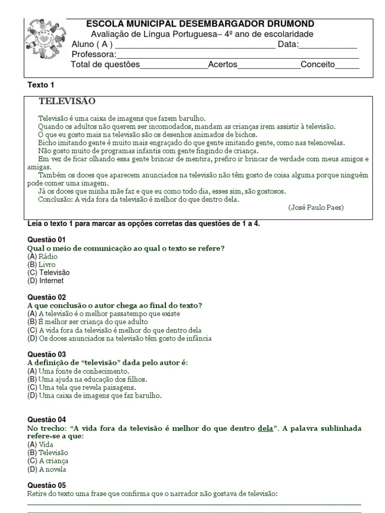 Avaliação de Portugues 4 Ano 1 Bimestre | PDF | Leão | Imagem
