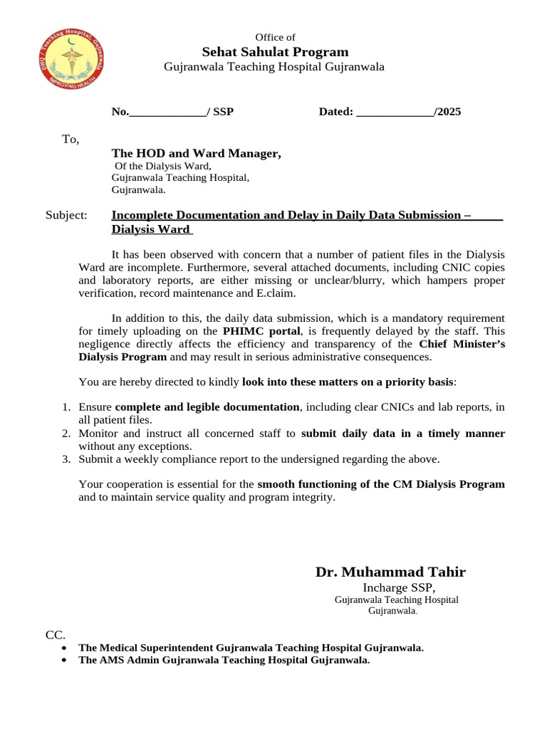 Dialysis Ward Documentation Compliance Notice | PDF