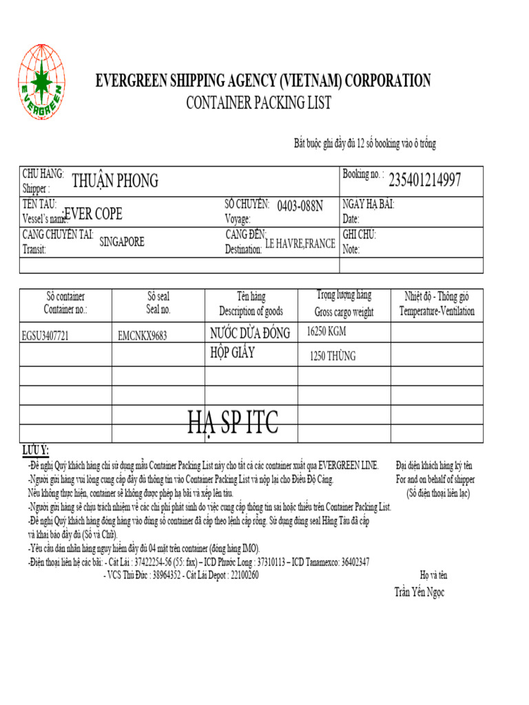 Container Packing List - Evergreen-Packing-List | PDF