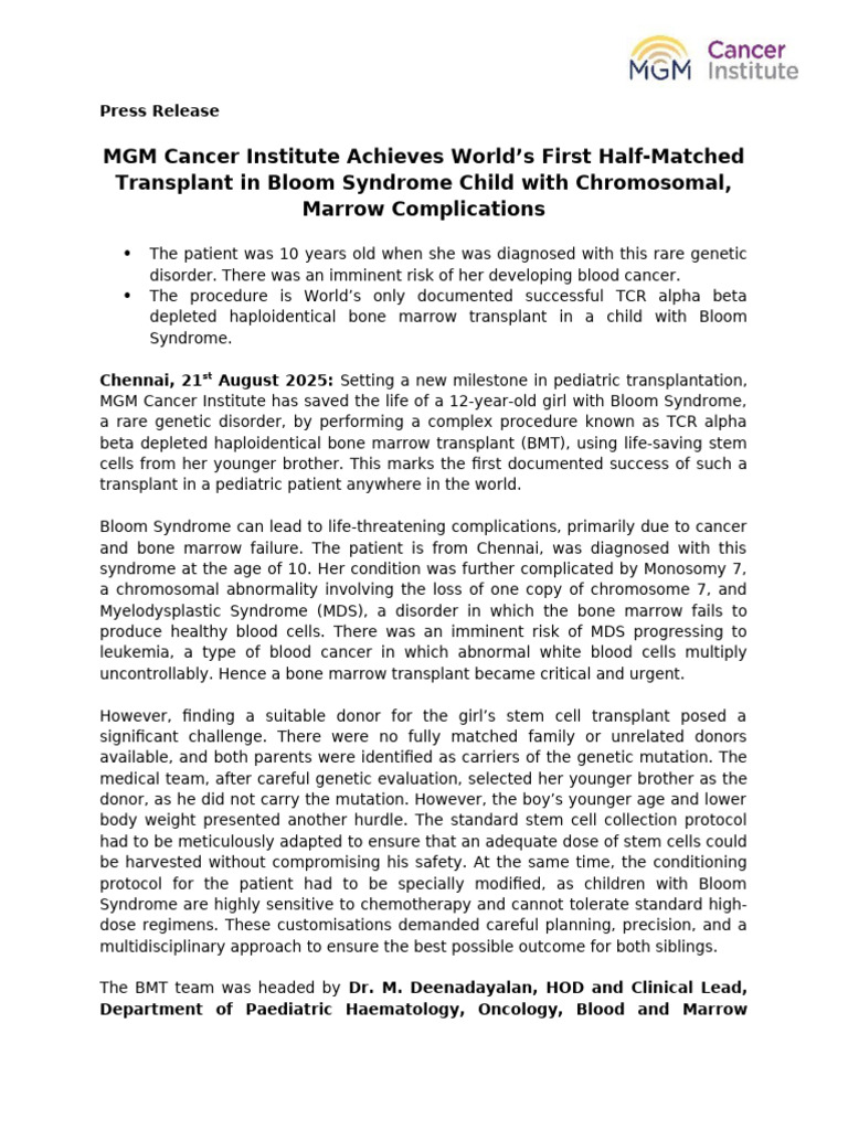 Press Release+ MGM CI+ For Bloom Syndrome in A Child | PDF ...