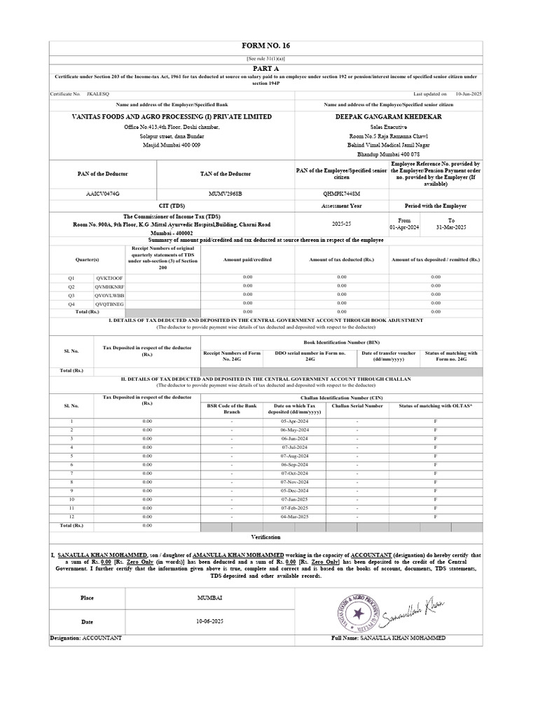 Khedekar Form 16 | PDF | Tax Deduction | Tax Exemption