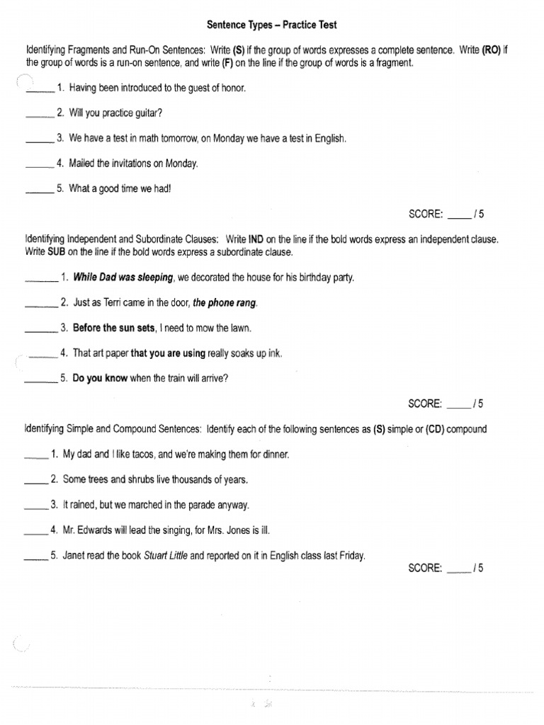 Sentence Types Practice Test | PDF