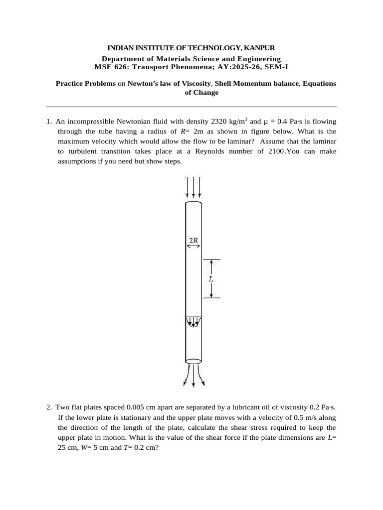 Transport Phenomena Practice Problems | PDF | Fluid Dynamics | Laminar Flow