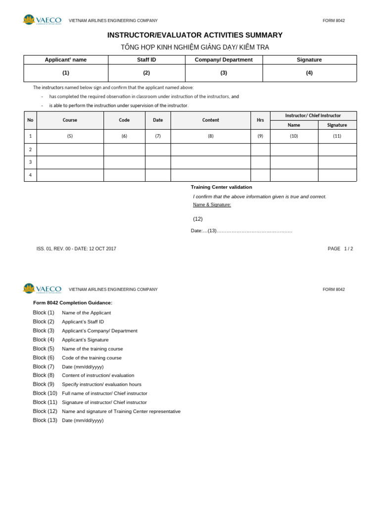 Vietnam Airlines Training Summary Form | PDF