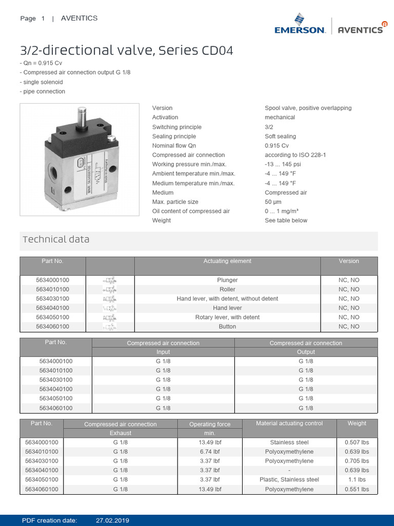 AVENTICS CD04 3/2-Directional Valve Specs | PDF | Valve | Mechanical ...