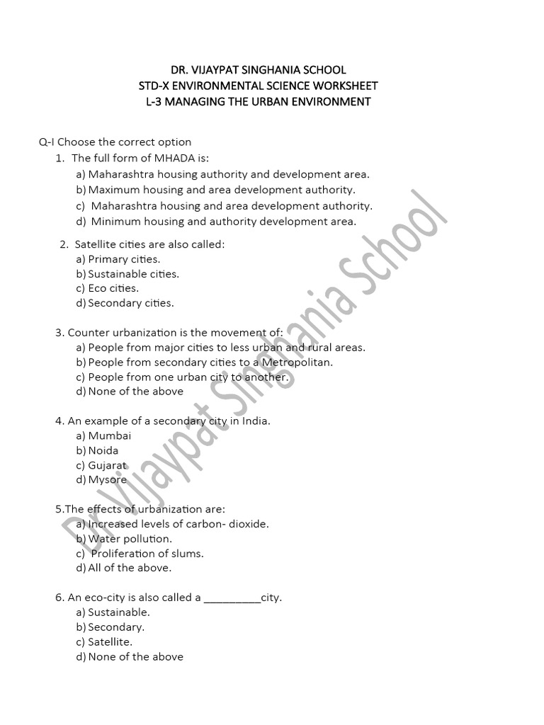 Urban Environment Management Worksheet | PDF | Urbanization | City