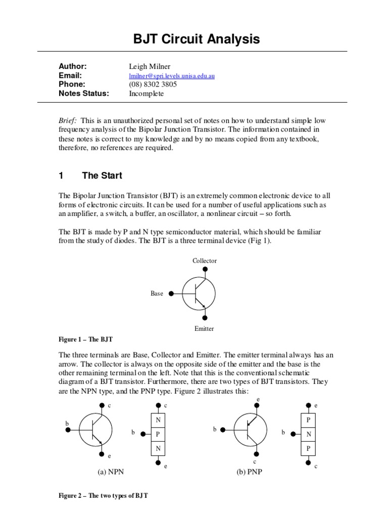 BJT Circuit Analysis PDF Bipolar Junction Transistor Amplifier