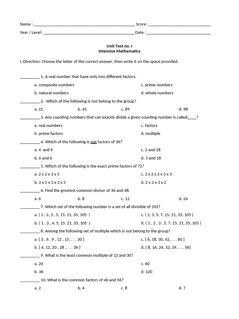 M1 Unit Test 1 (LCM, GCD, Geometric Figures, Percent and Interest ...