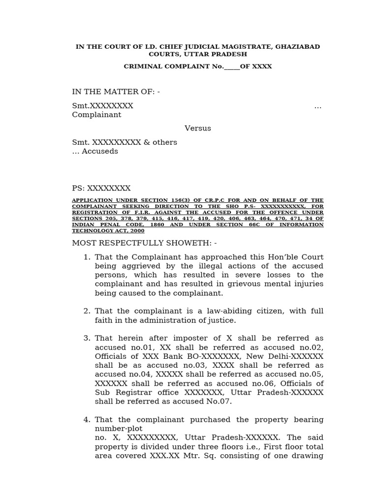 156(3) CrPC Application for FIR | PDF | Affidavit | Crimes
