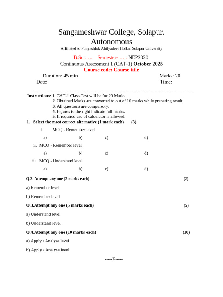 Sangameshwar College CAT-1 Assessment Guide | PDF | Multiple Choice ...