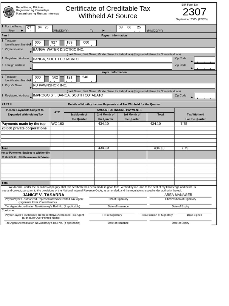 2307-Water of Banga | PDF | Taxes | Payments