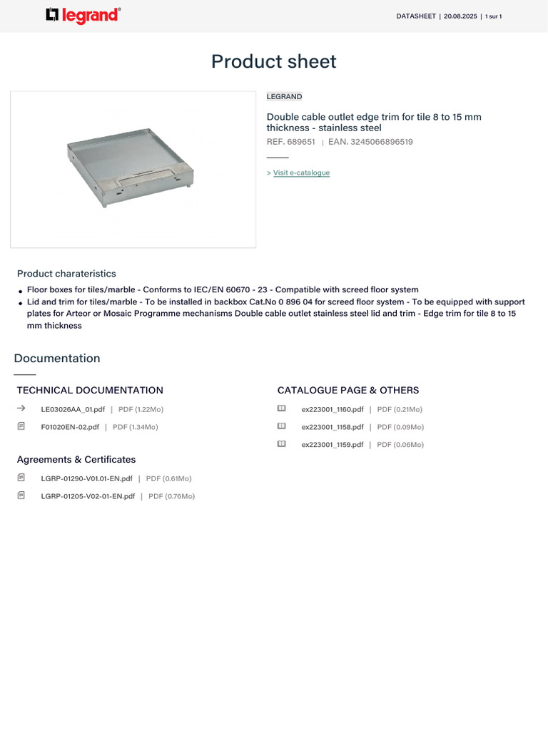 Double Cable Outlet Trim - Ref. 689651 | PDF