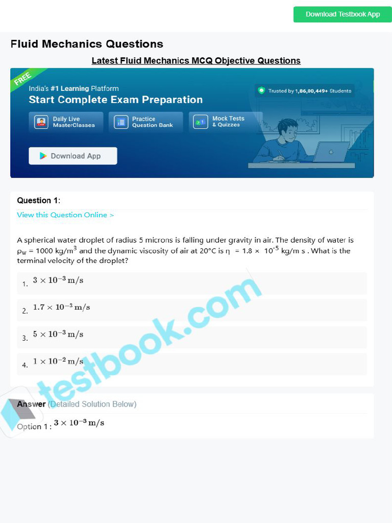 MCQ On Fluid Mechanics 5eea6a0c39140f30f369e136 | PDF
