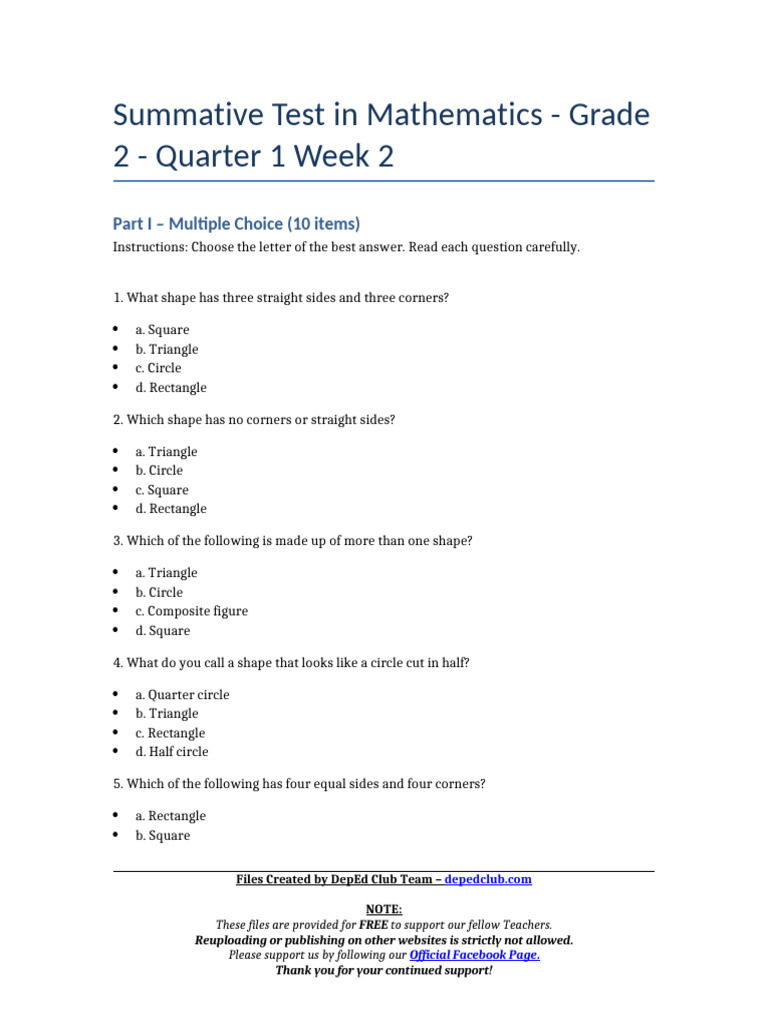 Grade 2 Math Test: Shapes & Movements | PDF | Shape | Rectangle