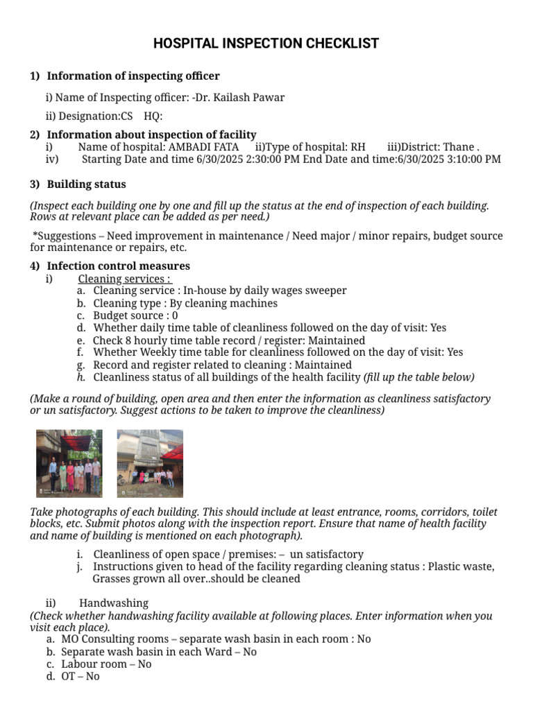 Hospital Inspection Checklist Overview | PDF | Ambulance | Childbirth