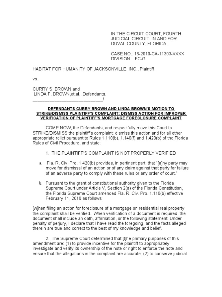 MOTION TO STRIKE/DISMISS PLAINTIFF'S COMPLAINT IMPROPER VERIFICATION