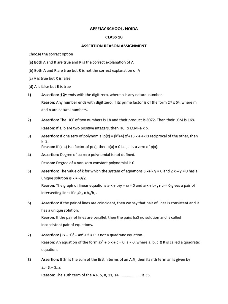 Class 10 Assertion-Reason Assignment | PDF | Triangle | Polynomial