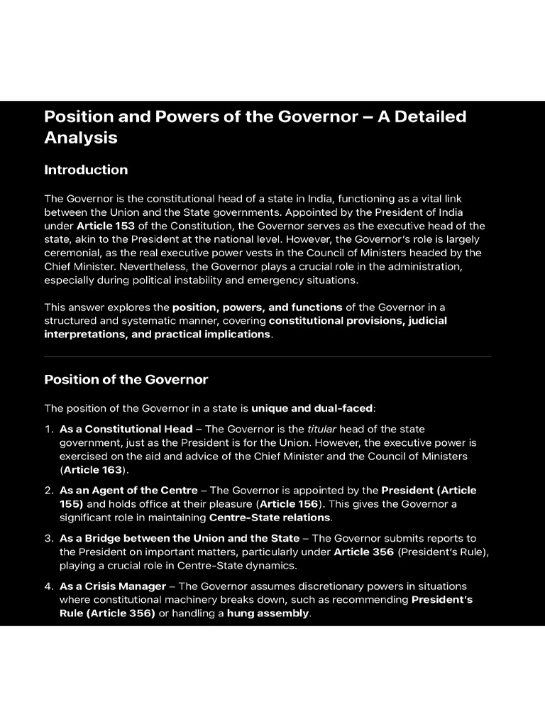 Position and Power of Governor | PDF