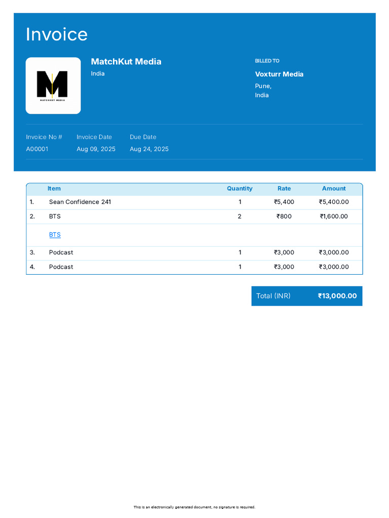Invoice A00001 Matchkut Media Voxturr Media | PDF