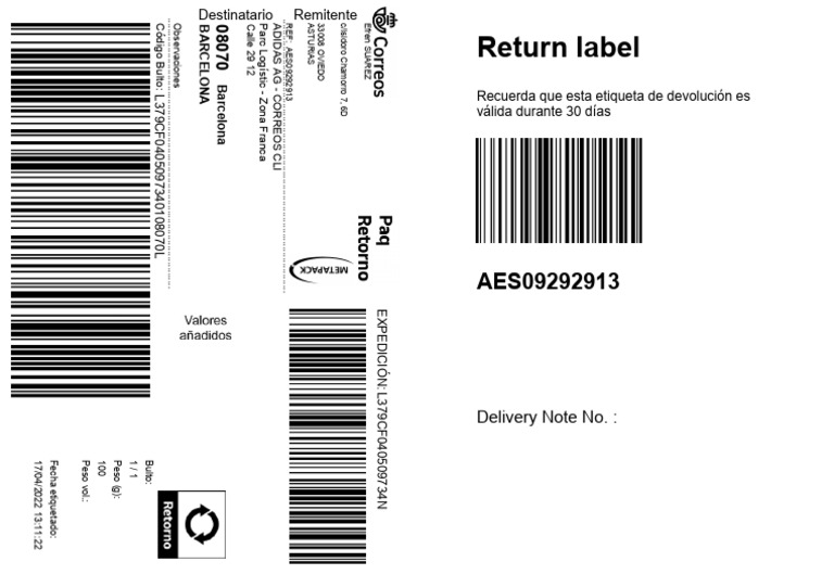 Return Label: Recuerda Que Esta Etiqueta de Devolución Es Válida ...