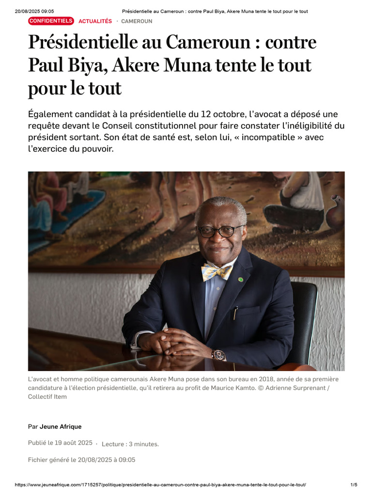 Akere Muna conteste l'éligibilité de Biya | PDF | Cameroun | Gouvernement