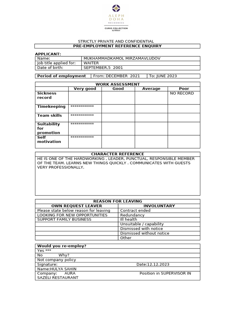 Pre Employment Main Reference Form - Employment (2) Kopyası | PDF