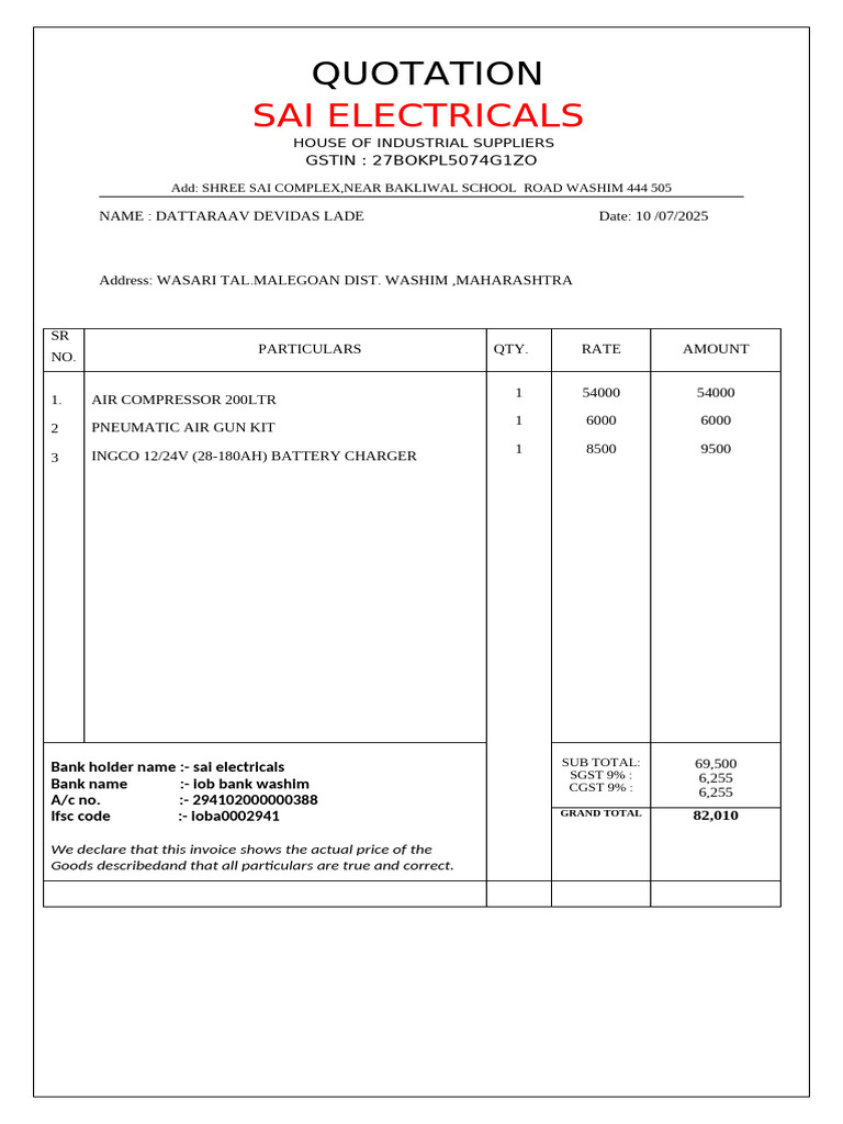 Quotation for Industrial Supplies | PDF