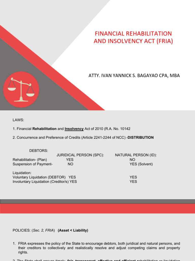 Overview of FRIA by Atty. Bagayao | PDF | Insolvency | Liquidation