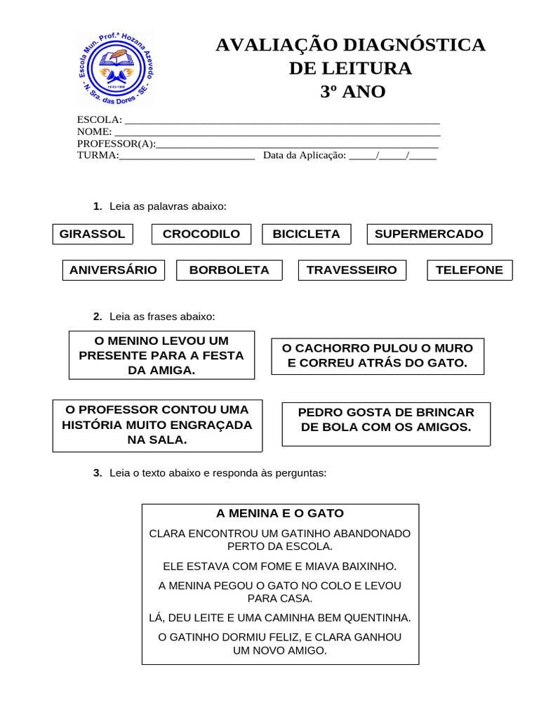 Avaliação de Leitura 3º Ano | PDF