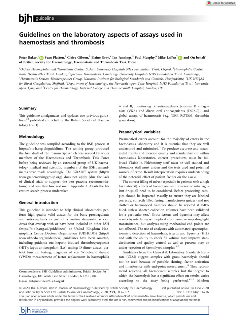 Guidelines for Haemostasis Assays | PDF | Thrombosis | Hemostasis
