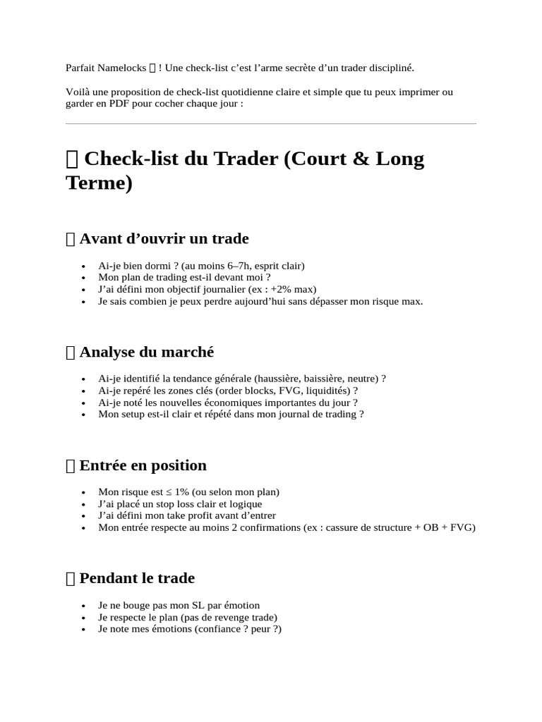 Check-list Quotidienne pour Traders | PDF