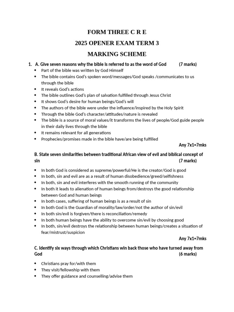 2025 Form Three C R E Exam Marking Scheme | PDF | Jesus | Jeremiah
