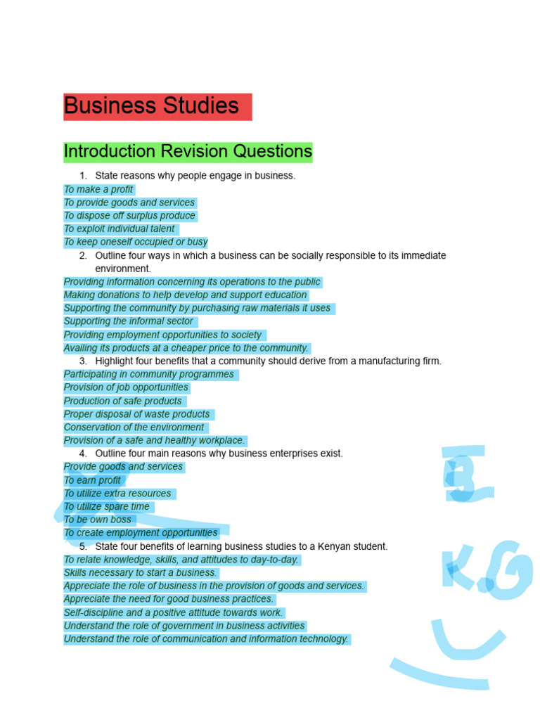 Business Studies Revision Questions | PDF