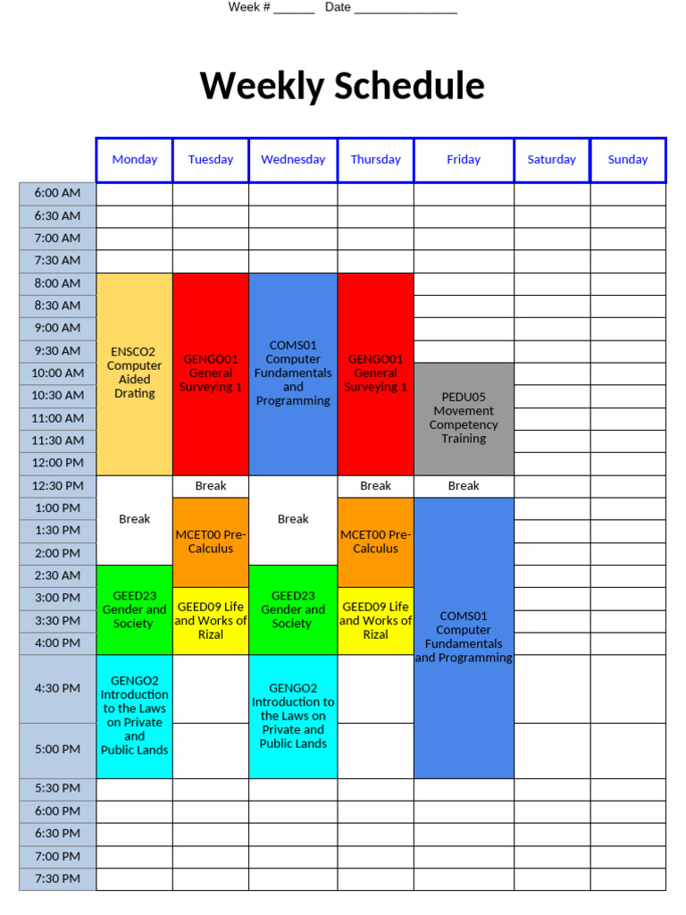 Weekly Class Schedule Template | PDF