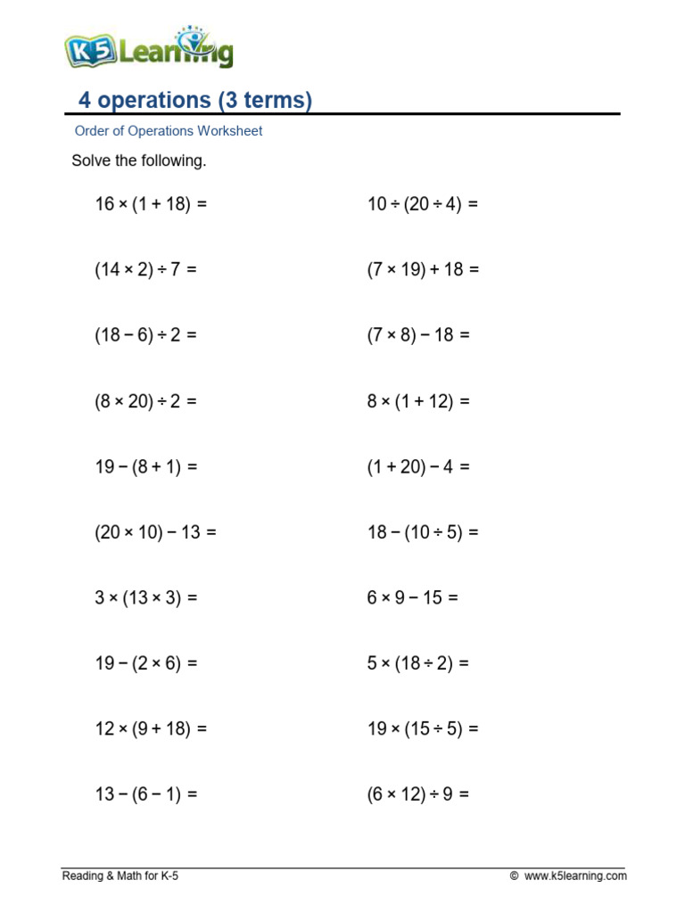 BODMAS Order of Operations Worksheet | PDF
